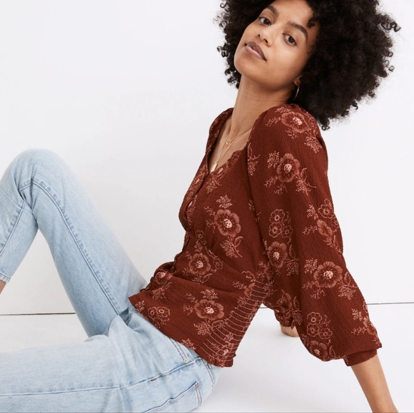 Madewell Floral Button Front Long Sleeve Crop Top Brown Boho Blouse Size Small - Picture 2 of 12
